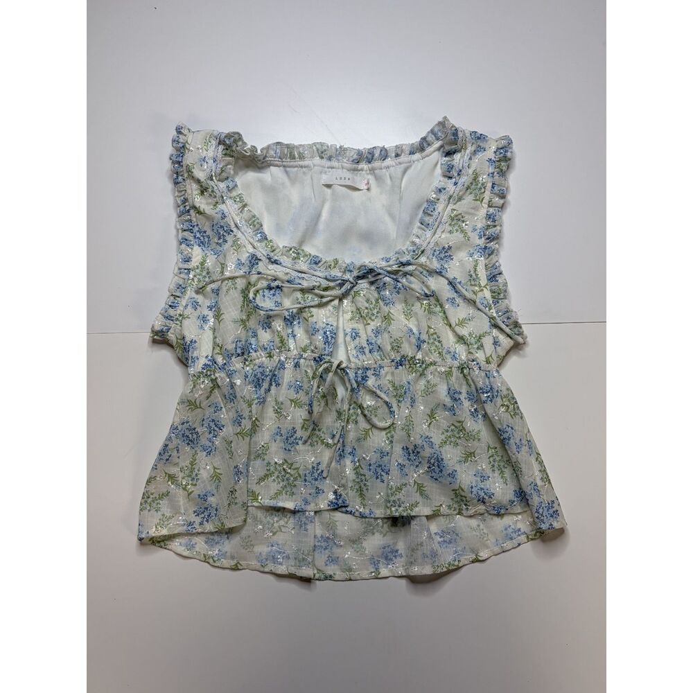lush blue and green sleeveless top with floral and leaf pattern Women's s